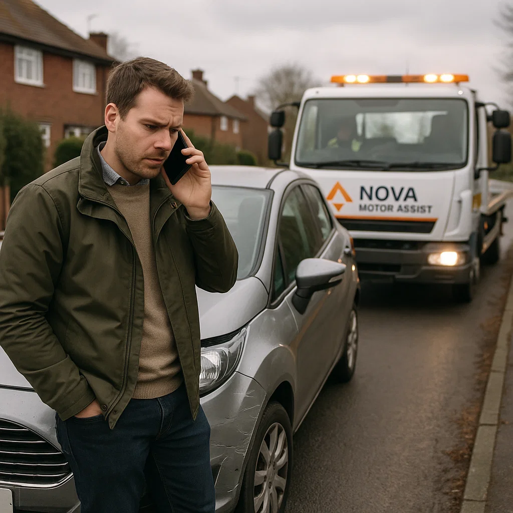 British driver on the phone by their car after a non-fault accident. The vehicle is slightly damaged, and a recovery truck with 'Nova Motor Assist' branding is arriving in the background