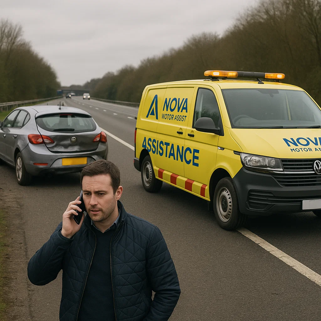 Man calling for help on the roadside after a car breakdown, with a yellow NOVA Motor Assist van parked nearby offering roadside assistance on a UK motorway.