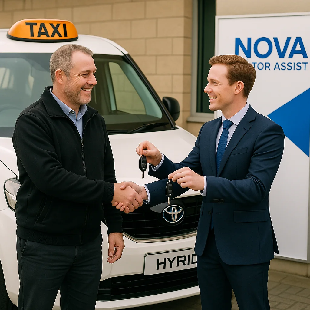 A UK taxi driver shakes hands with a Nova Motor Assist representative while receiving keys to a licensed hybrid replacement taxi. Bright, trustworthy, professional style.