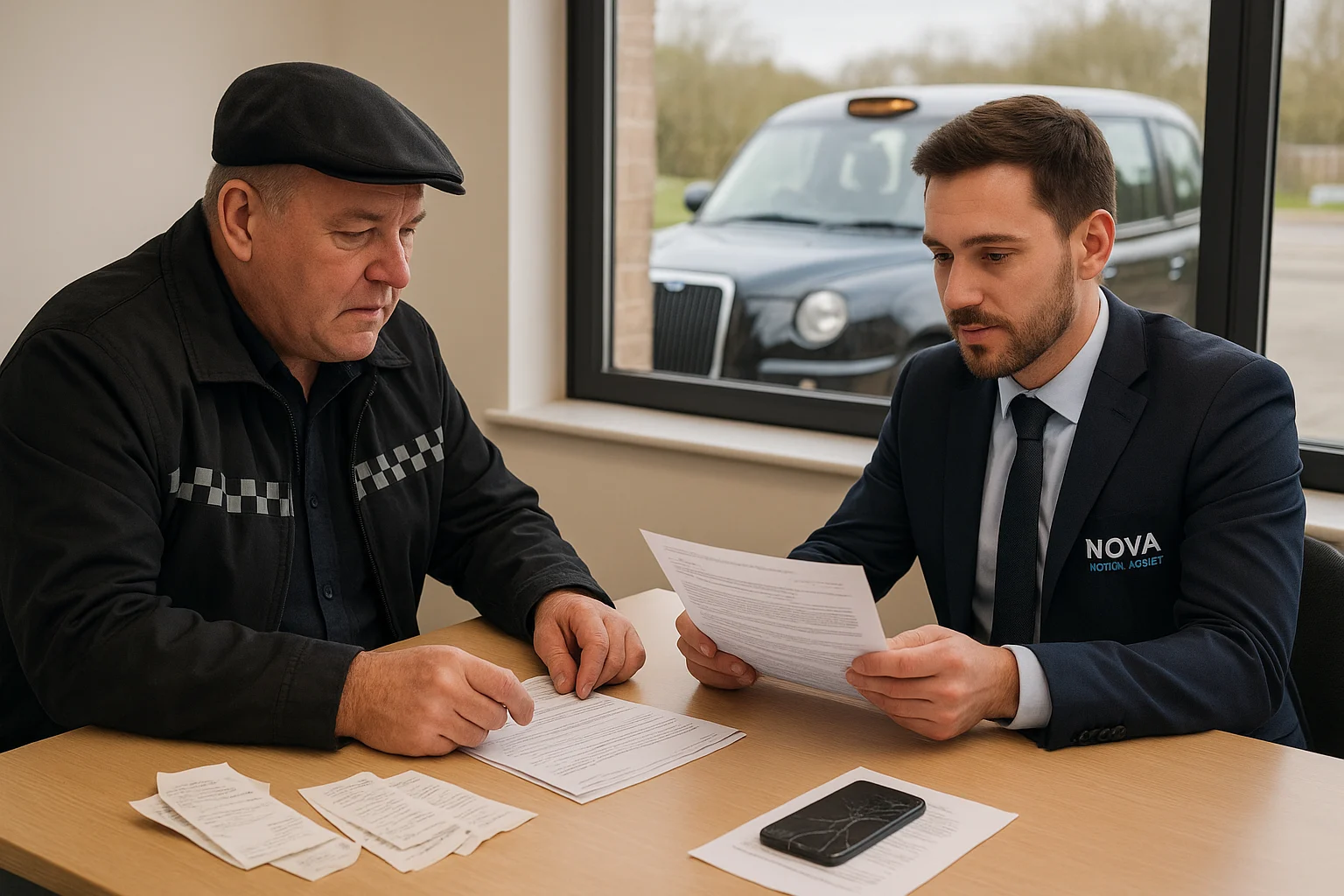 British taxi driver and claims specialist review accident papers at a desk with receipts and a cracked phone, taxi visible outside