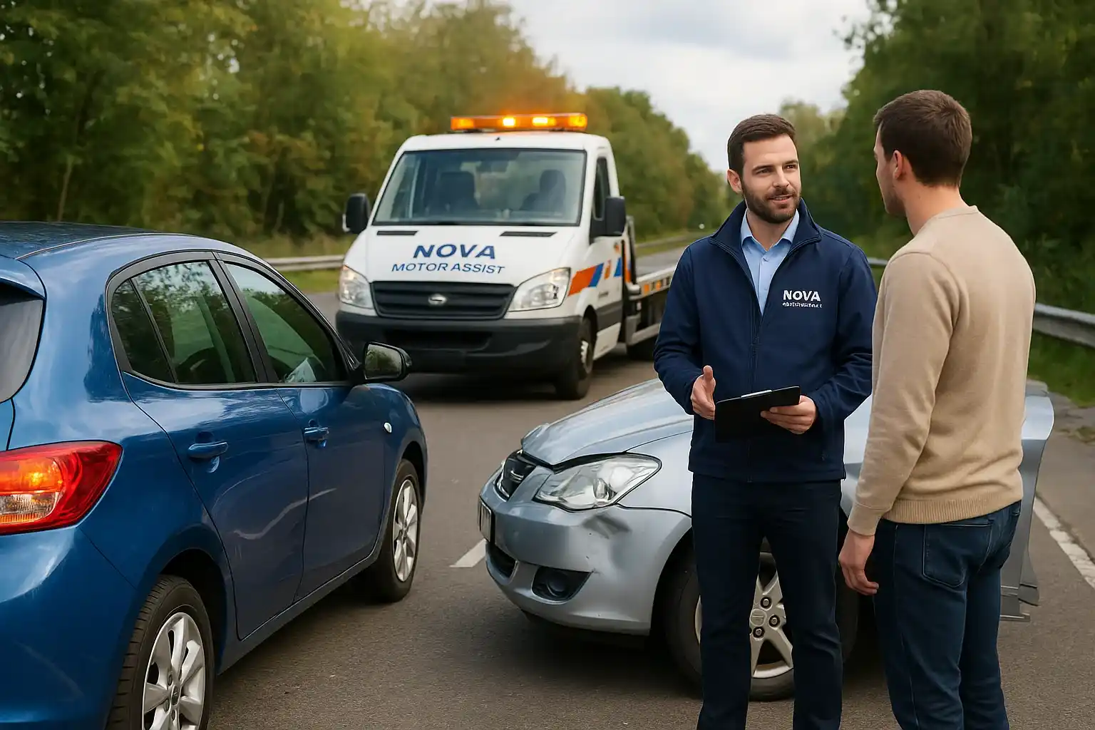 Nova Motor Assist recovery truck arrives at a UK roadside accident as a representative assists a calm driver beside damaged cars.