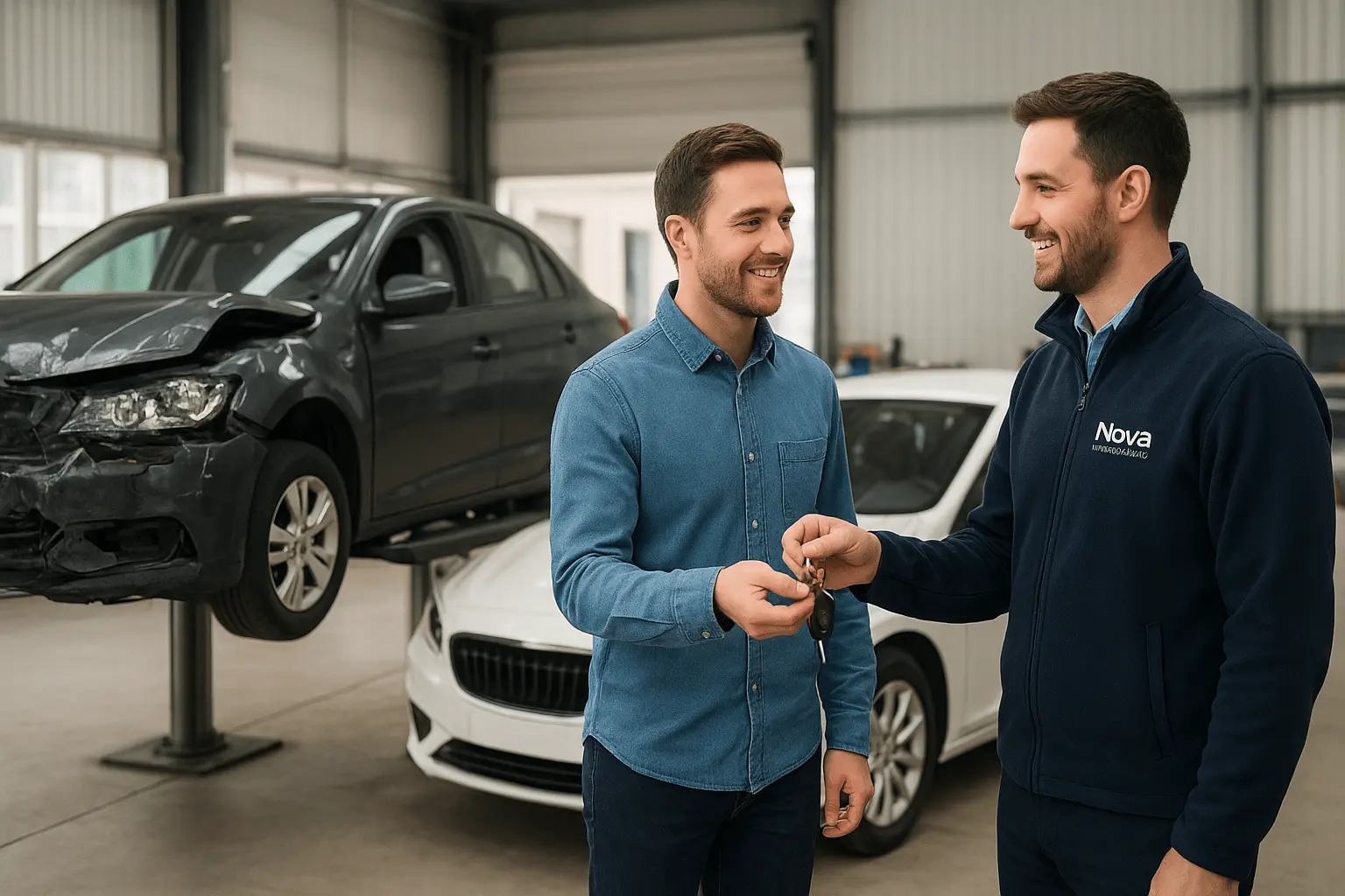 Nova Motor Assist representative hands car keys to a smiling driver in a UK body shop with a damaged car on a lift.