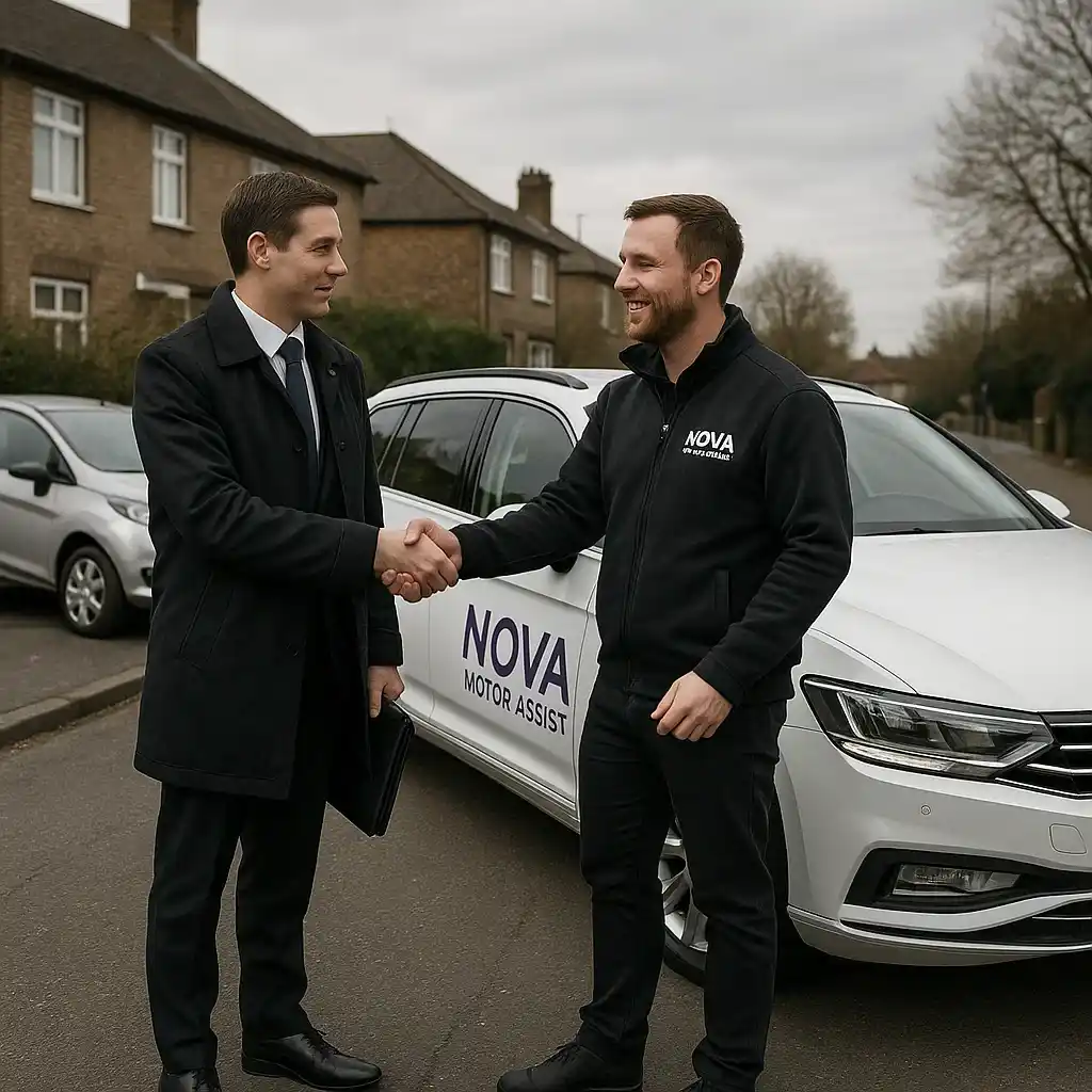 Nova Motor Assist representative shaking hands with a client in front of a branded vehicle after providing accident support.