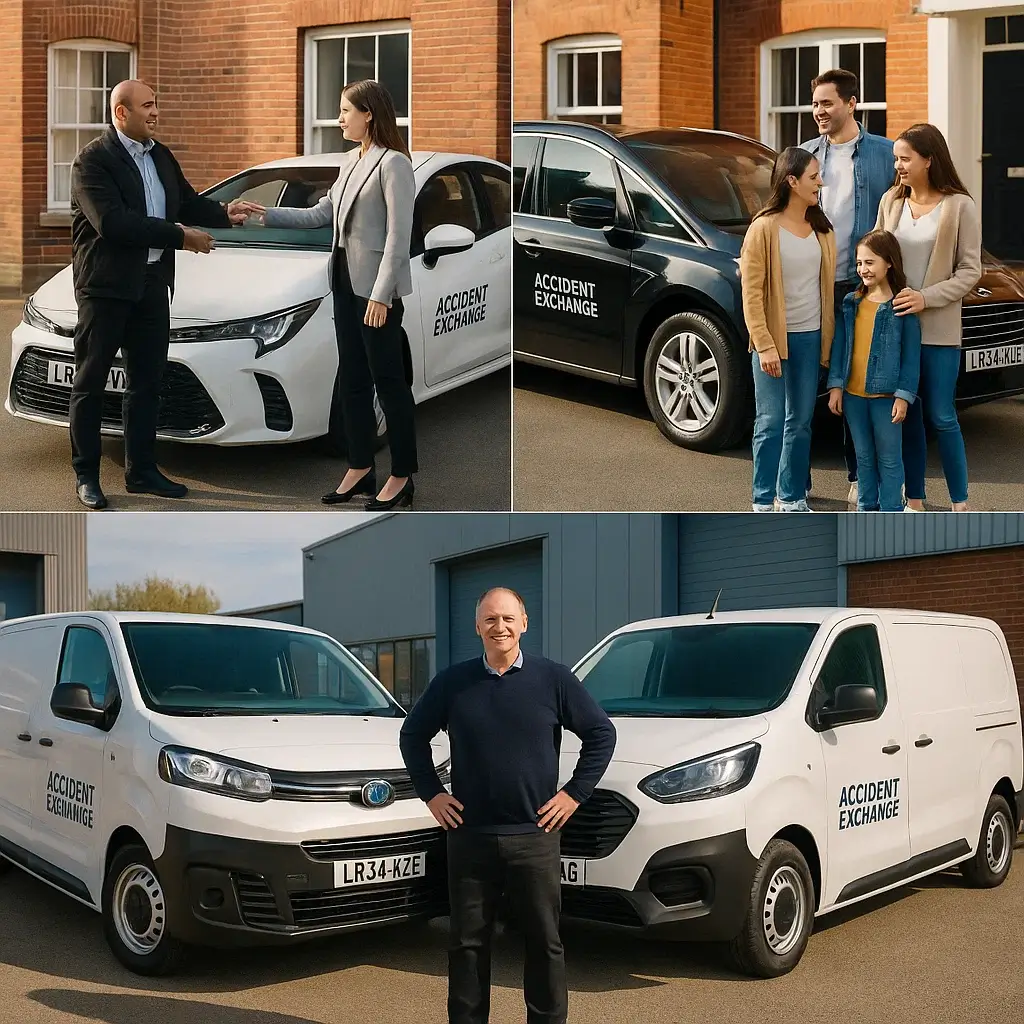 nova motor assist — a taxi driver getting a replacement PCO car, a family receiving a 7-seater credit hire, and a fleet operator with two vans being replaced. Branding subtly visible on replacement vehicles. Bright but professional tone.