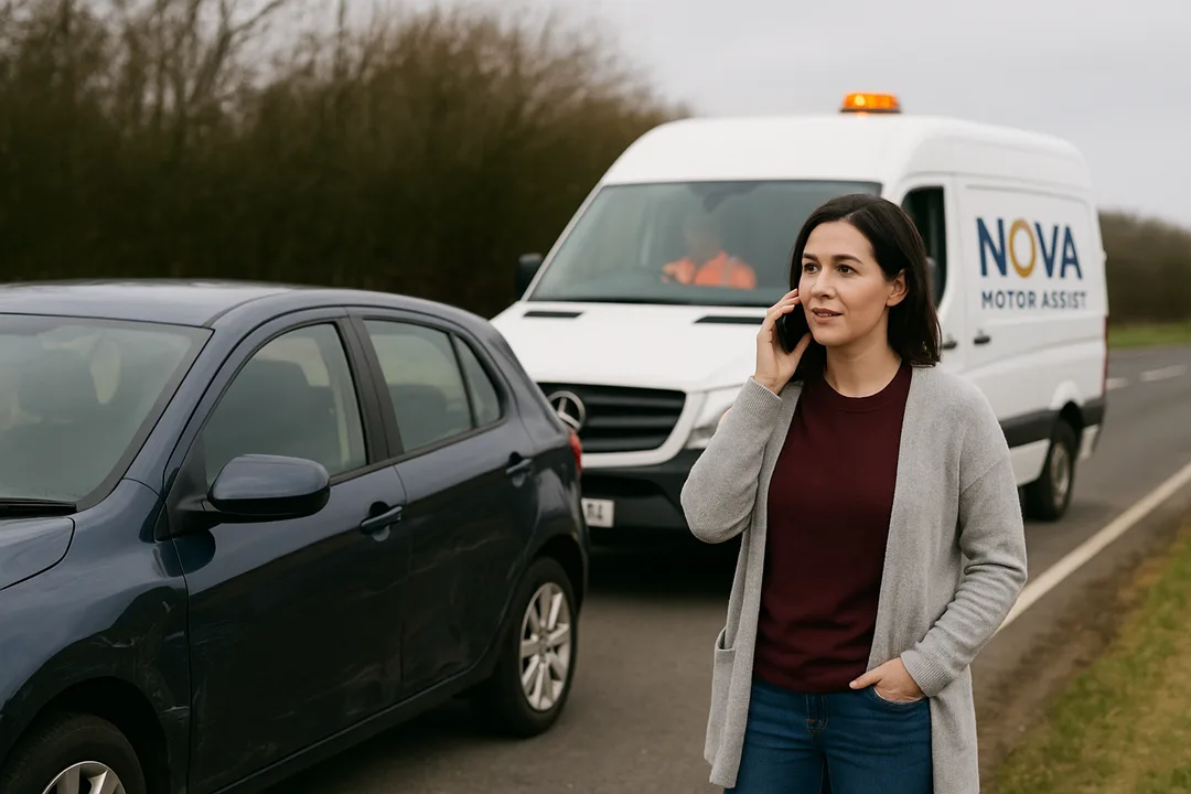 A UK driver stands by a damaged car while calling Nova Motor Assist, as a recovery van arrives to provide roadside assistance.