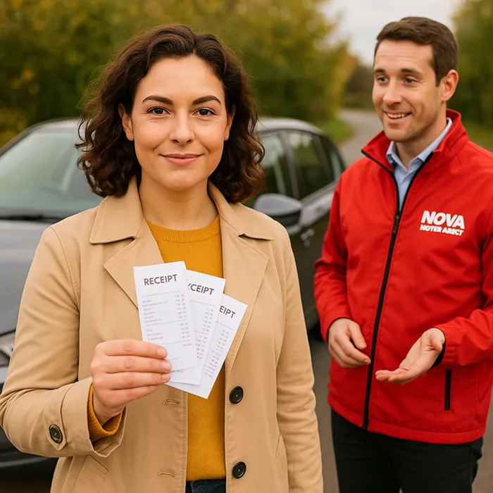 A confident UK driver holds recovered expense receipts while standing next to their repaired car, with a Nova Motor Assist representative offering reassurance. Bright, trustworthy style