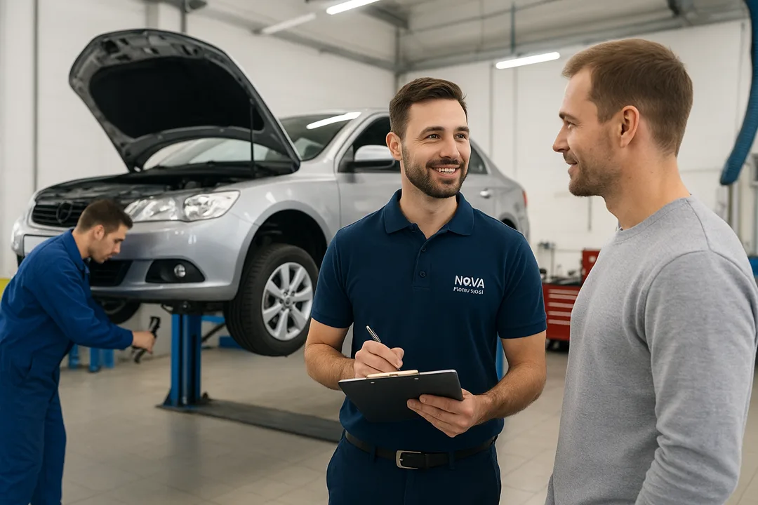 Mechanics repair a car on a lift in a UK body shop while a Nova Motor Assist representative updates a smiling driver with paperwork.