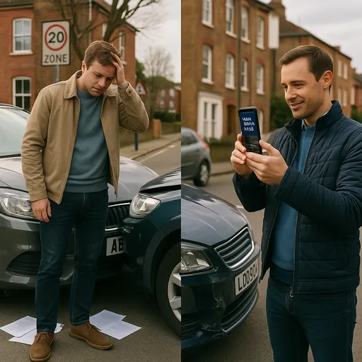 Split-scene of two UK drivers after a car accident one stressed and unprepared, the other calm using Nova Motor Assist.