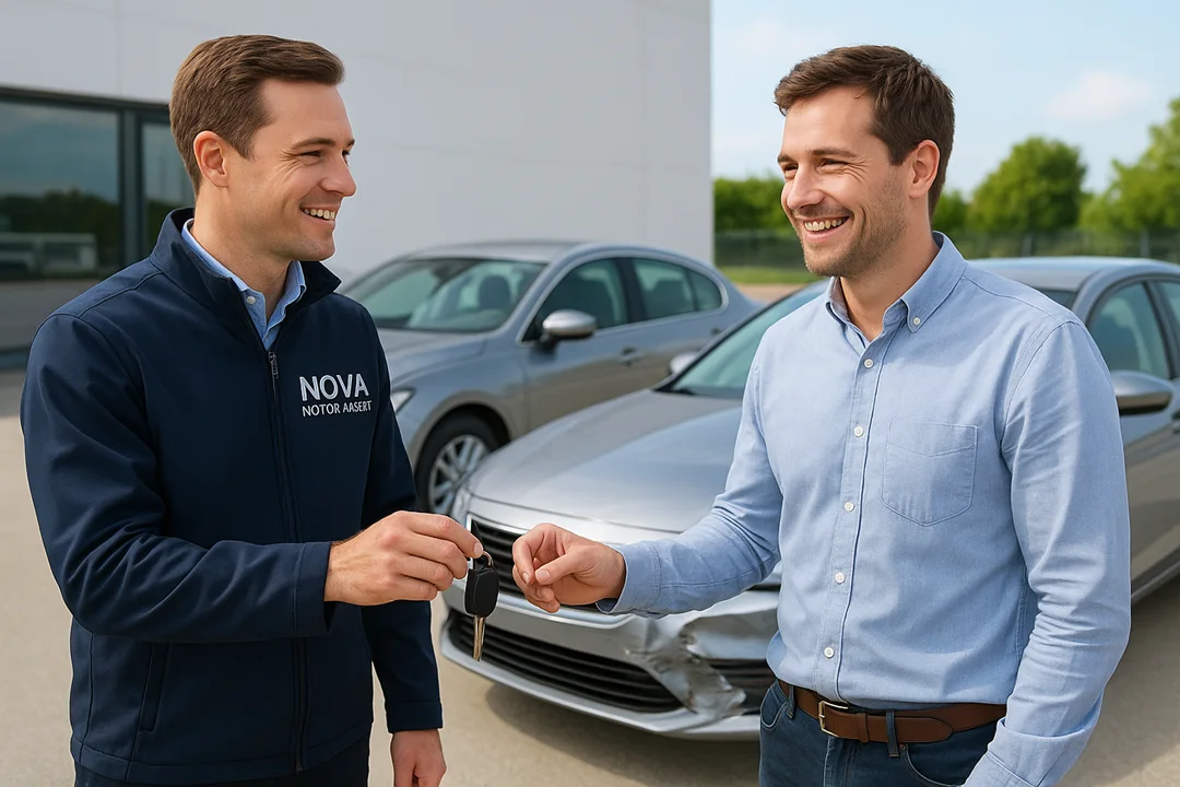 A Nova Motor Assist representative hands car keys to a smiling UK driver beside damaged and replacement cars.