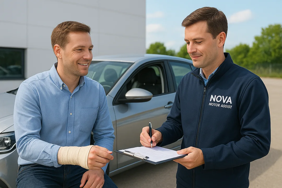 A Nova Motor Assist representative takes details from a UK driver with a wrist bandage beside a recovered silver car.