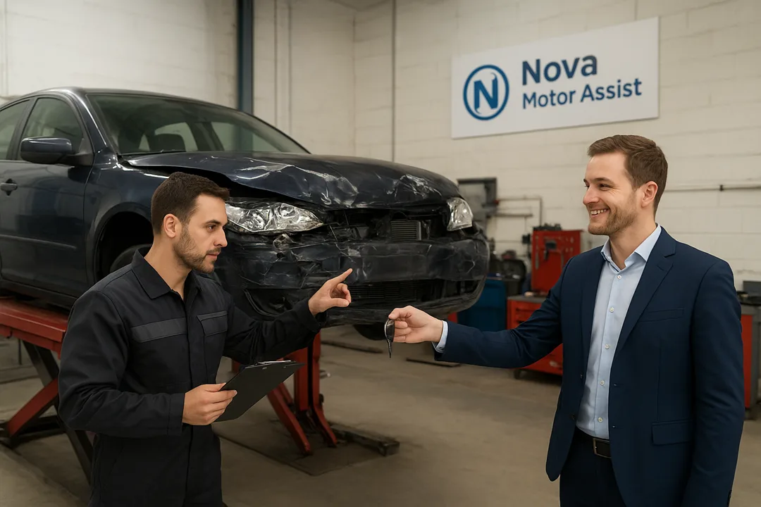 A UK body shop inspector marks a damaged car as a write-off while a Nova Motor Assist representative hands keys to a relieved driver