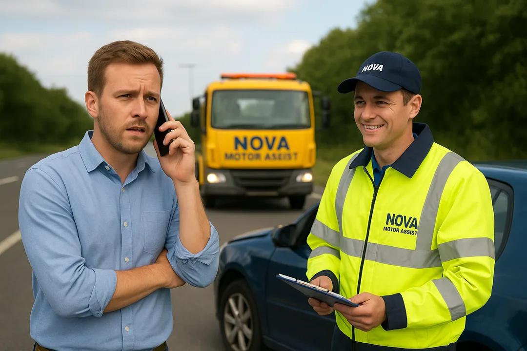 A UK driver speaks to a Nova Motor Assist representative on the phone beside a minor roadside accident, with a recovery truck approaching. Bright, professional, reassuring style.