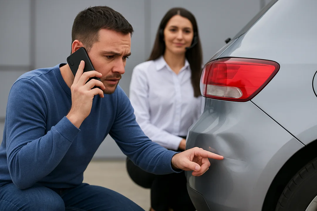 A UK driver checks a small dent on their bumper while speaking to a Nova Motor Assist representative on the phone, receiving calm guidance.