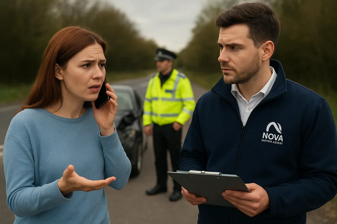 A worried UK driver speaks with a Nova Motor Assist representative as police check details at the roadside after an accident.